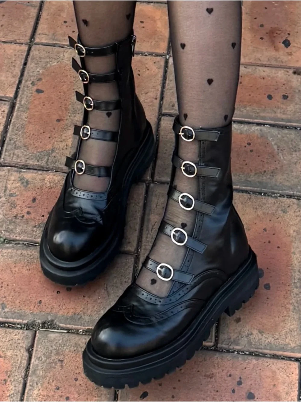 SHOEHI Luella Belt Walker Boots Black Gold Buckle Chunky Platform Size 8